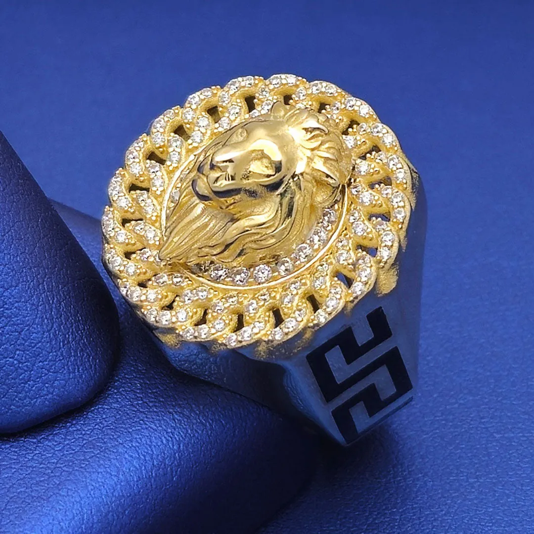 10k CZ Lion Head Round Cuban Link Border Ring