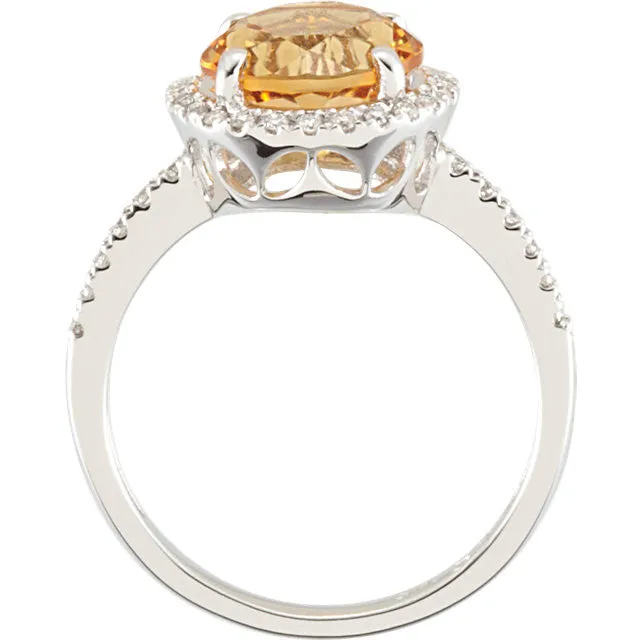 14K White Gold 9mm Round Genuine Citrine & 1/6 CTW Diamond Halo Ring