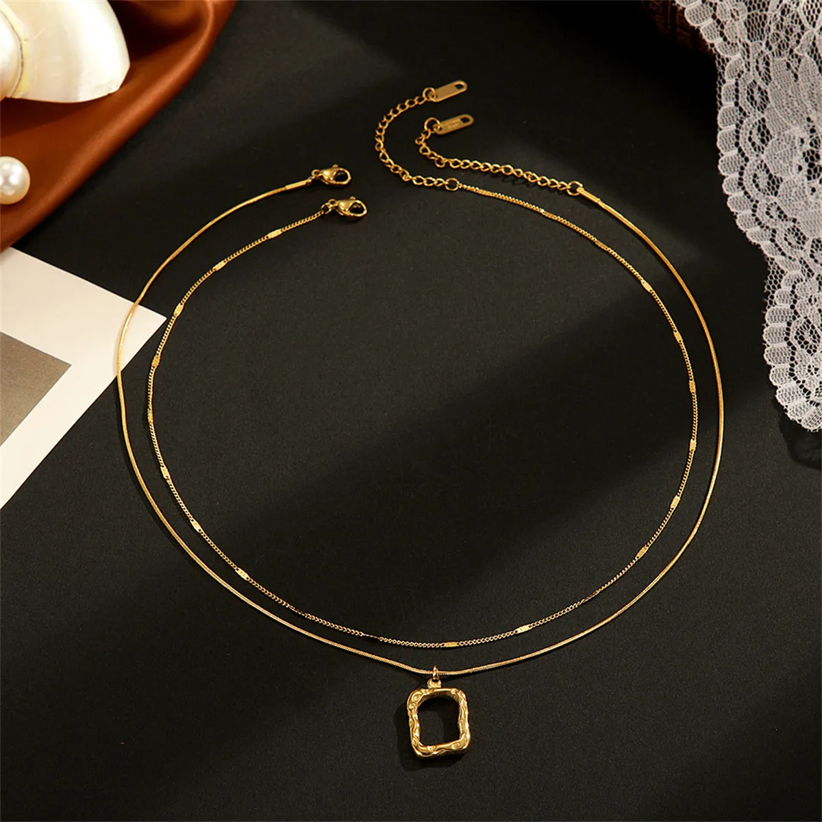 18K Gold-Plated Open Rectangle Pendant Necklace & Chain Necklace