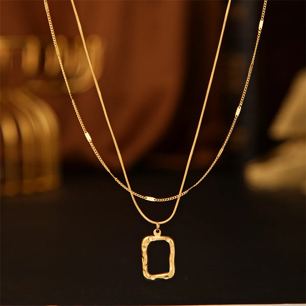 18K Gold-Plated Open Rectangle Pendant Necklace & Chain Necklace