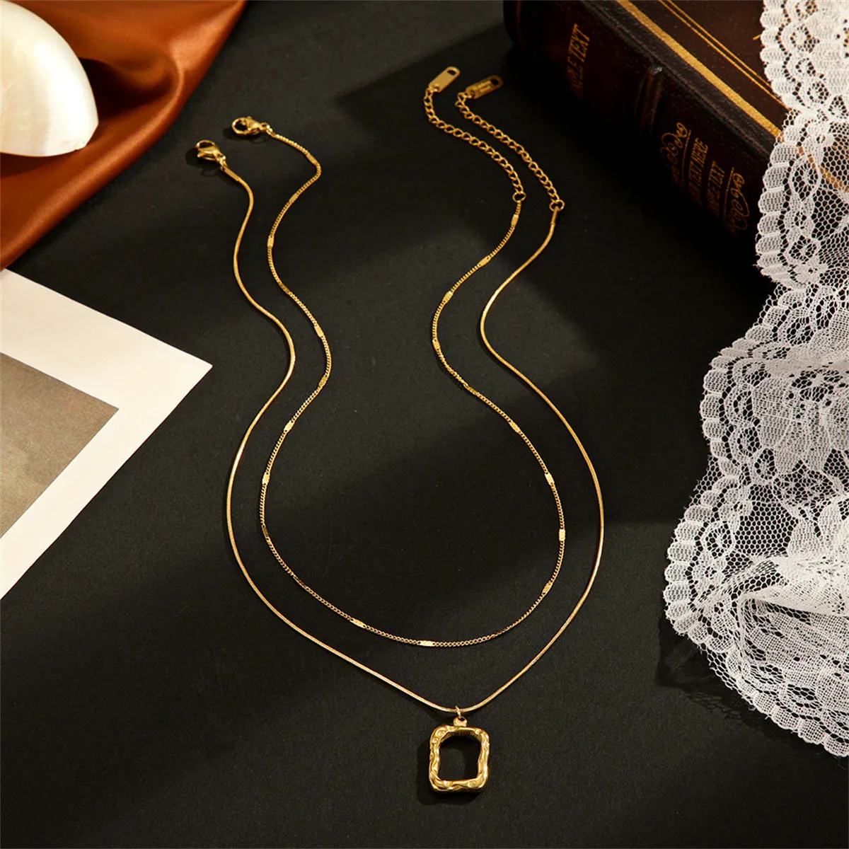 18K Gold-Plated Open Rectangle Pendant Necklace & Chain Necklace