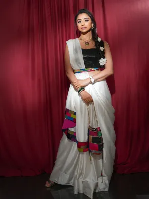 3 Pc SET - Rainbow Pride Satin Saree With Belt And Blouse Fabric