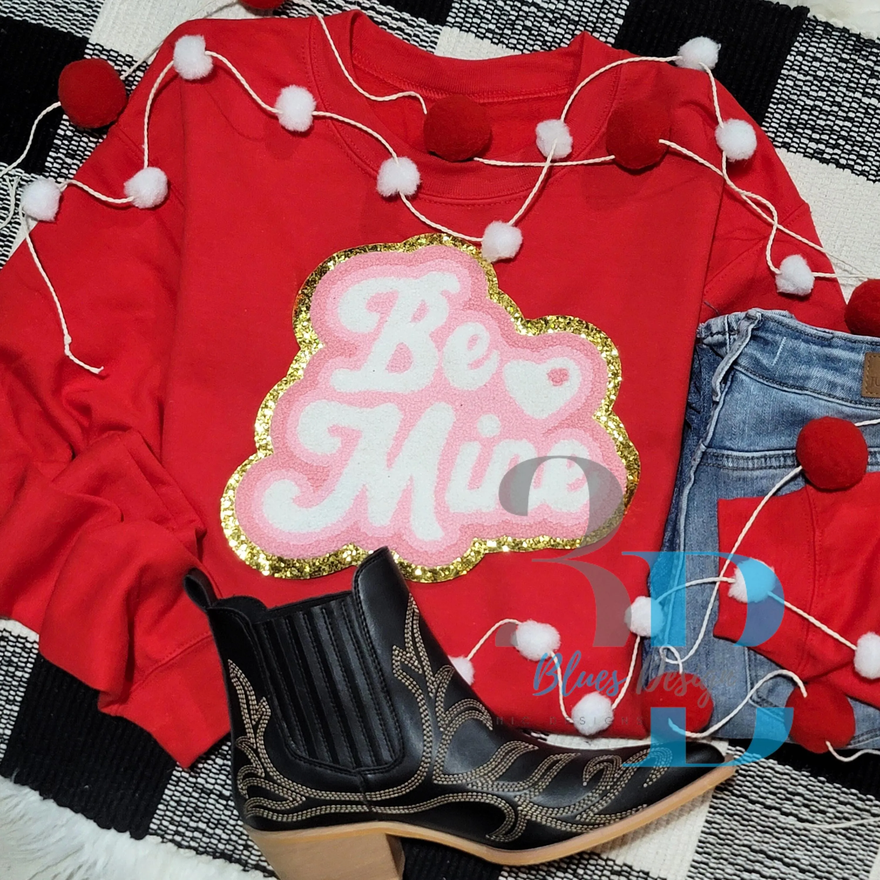 3Blues Designs |   Retro Be Mine LIGHT PINK Chenille Iron-on Patch