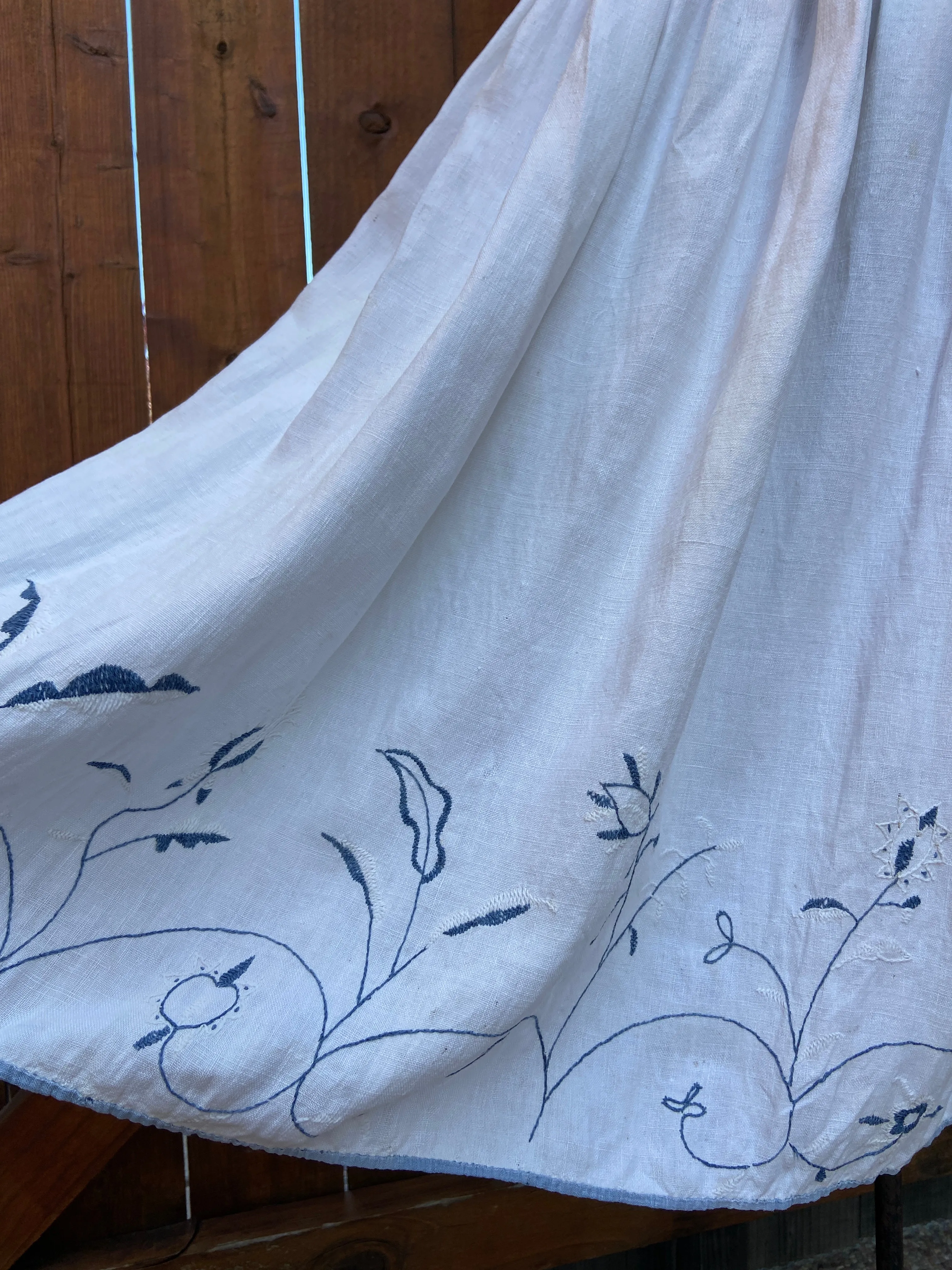 Antique Europen Linen and Cornflower Blue Floral Embroidered Skirt