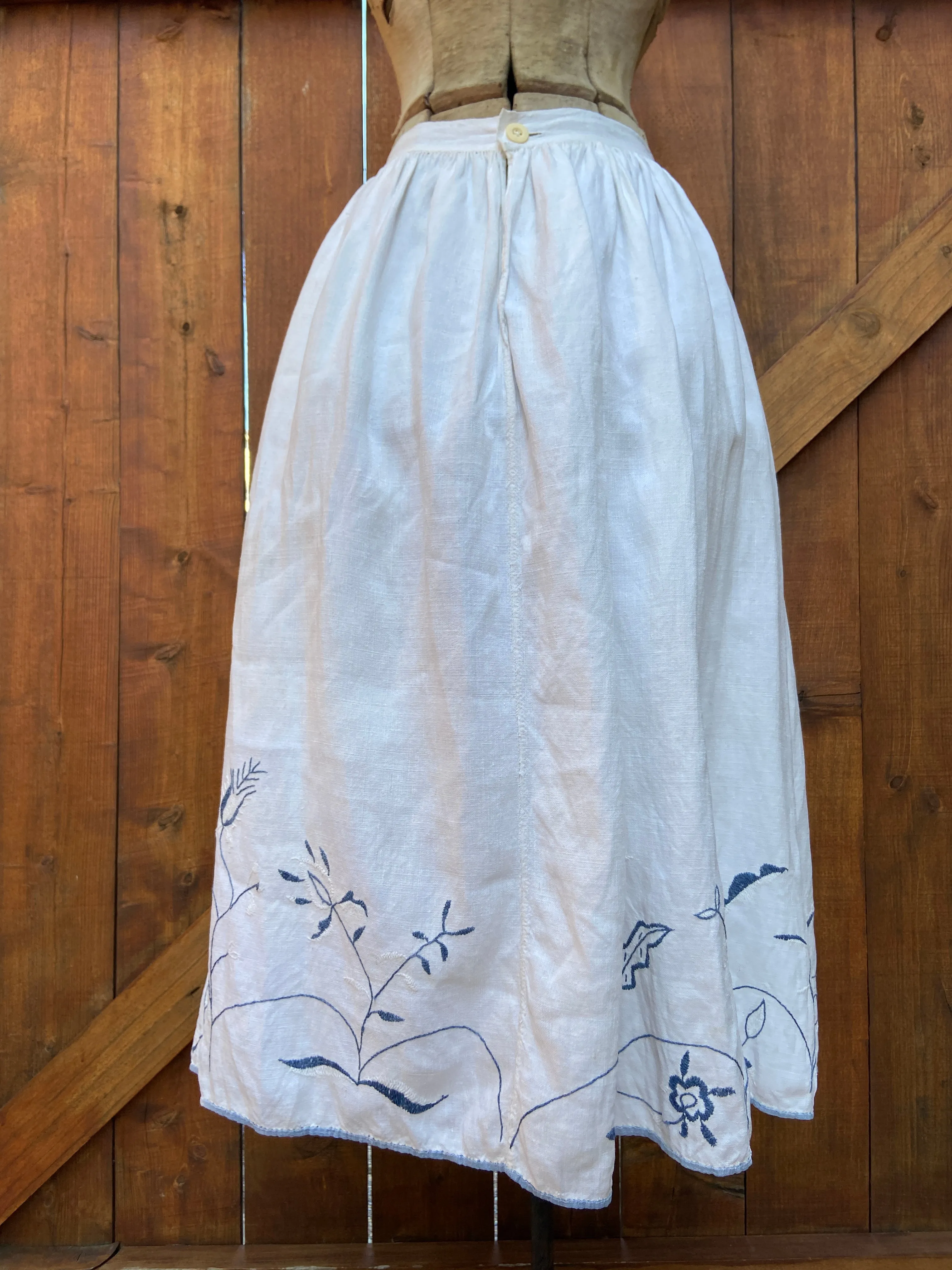 Antique Europen Linen and Cornflower Blue Floral Embroidered Skirt