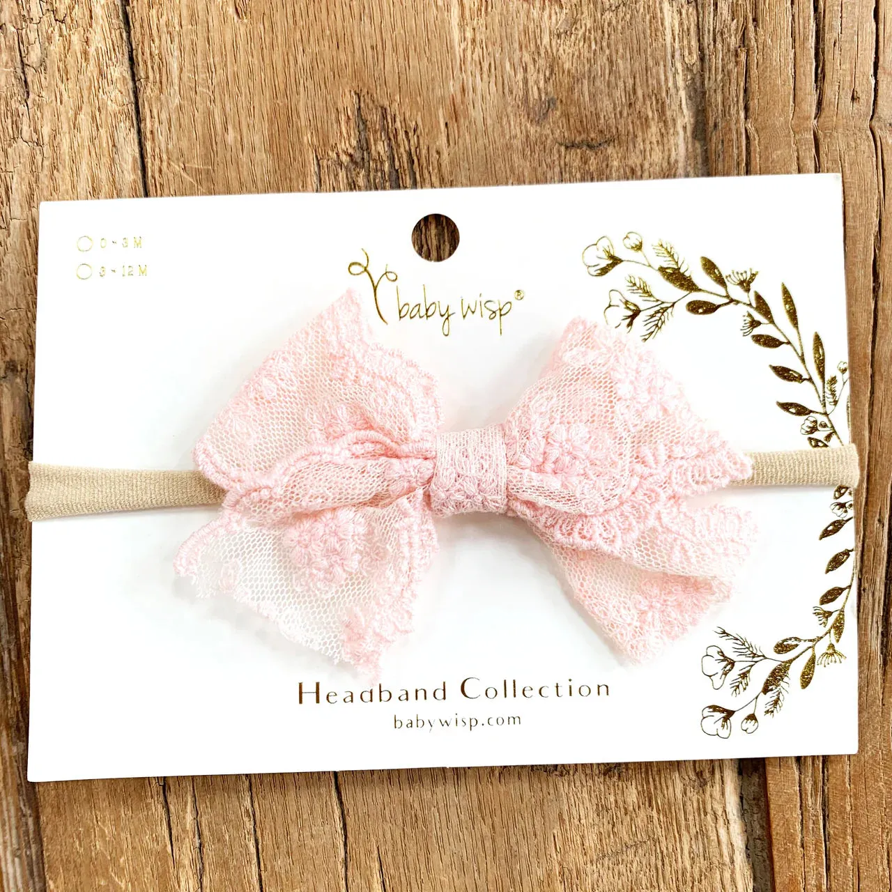 Baby Wisp Lace PowderPink Bow Baby Girl Headband: Size 0 to 18M