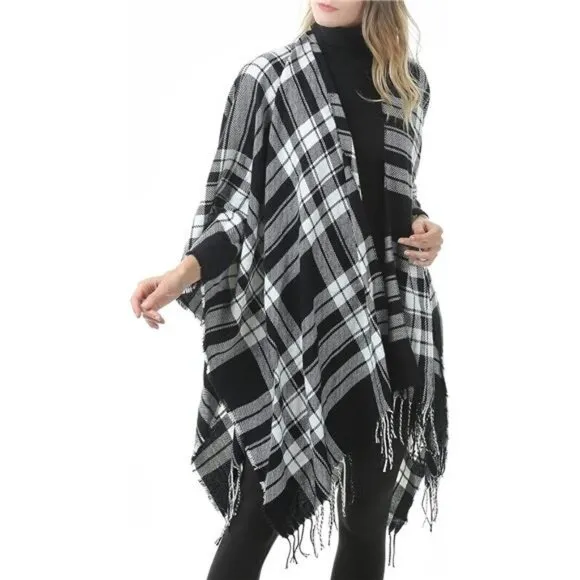 Black Plaid Printed Blanket Shawls Poncho Winter Open Front‎ Wrap Cape Cardigan