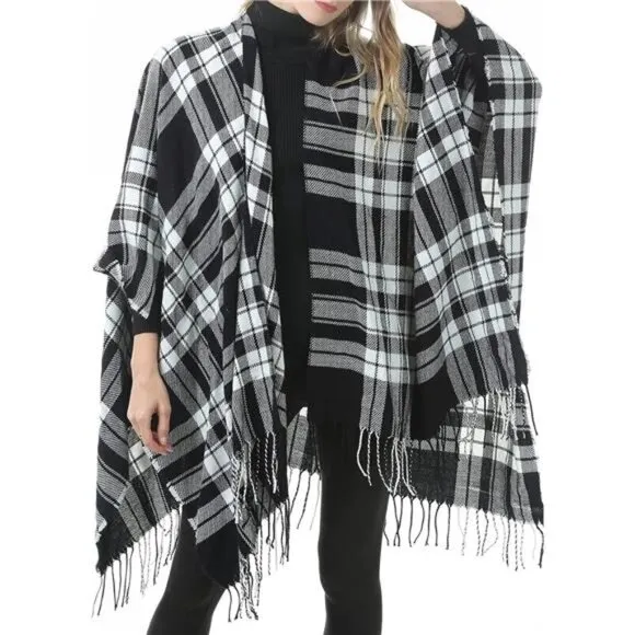 Black Plaid Printed Blanket Shawls Poncho Winter Open Front‎ Wrap Cape Cardigan