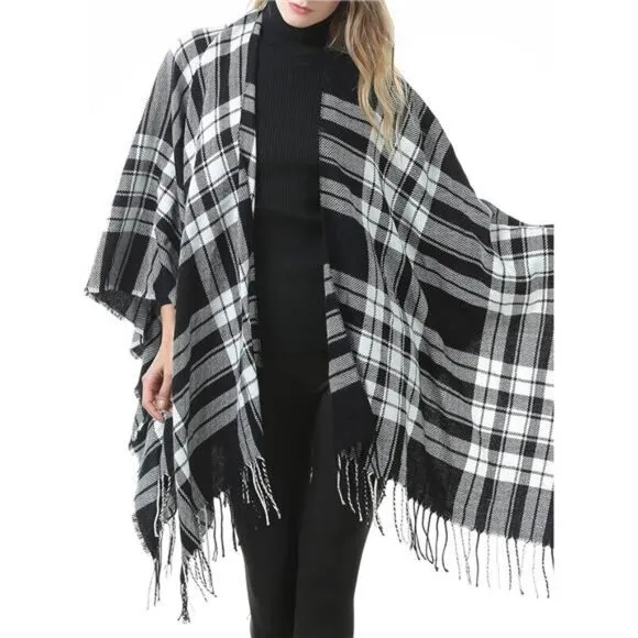 Black Plaid Printed Blanket Shawls Poncho Winter Open Front‎ Wrap Cape Cardigan