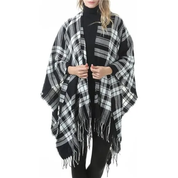 Black Plaid Printed Blanket Shawls Poncho Winter Open Front‎ Wrap Cape Cardigan