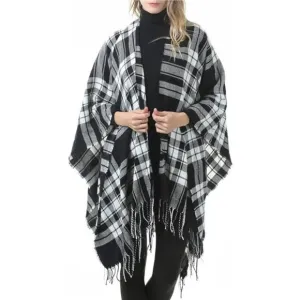 Black Plaid Printed Blanket Shawls Poncho Winter Open Front‎ Wrap Cape Cardigan