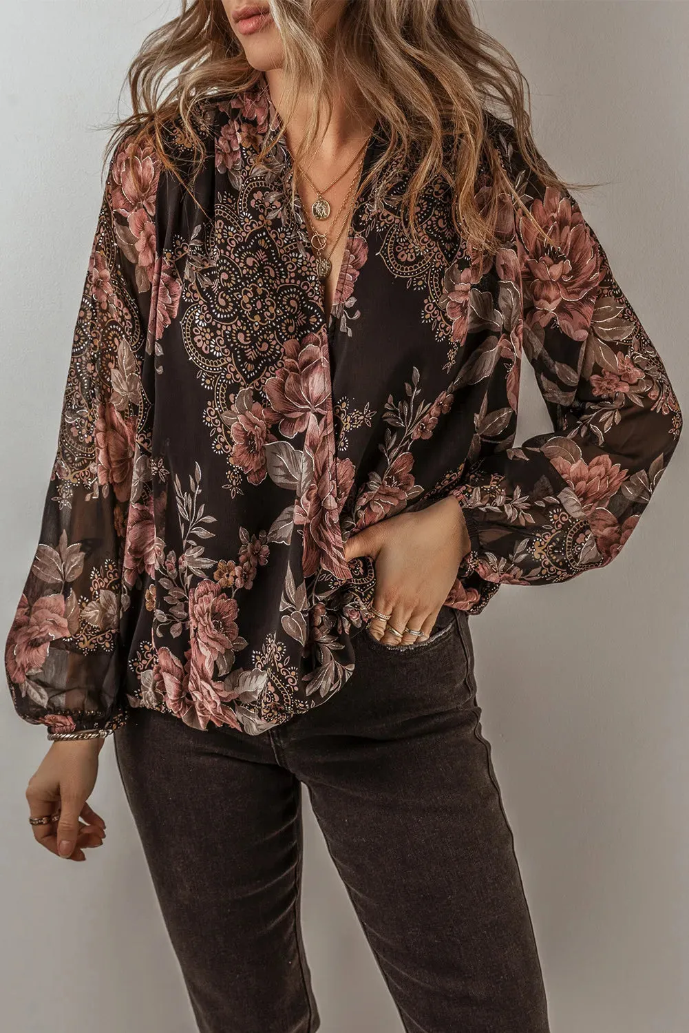 Blakely Printed Surplice Long Sleeve Blouse