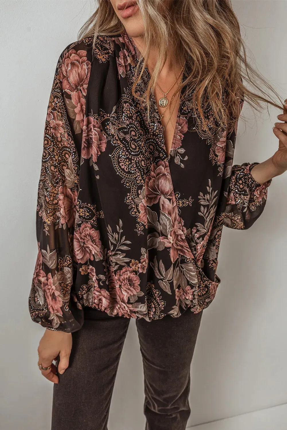Blakely Printed Surplice Long Sleeve Blouse