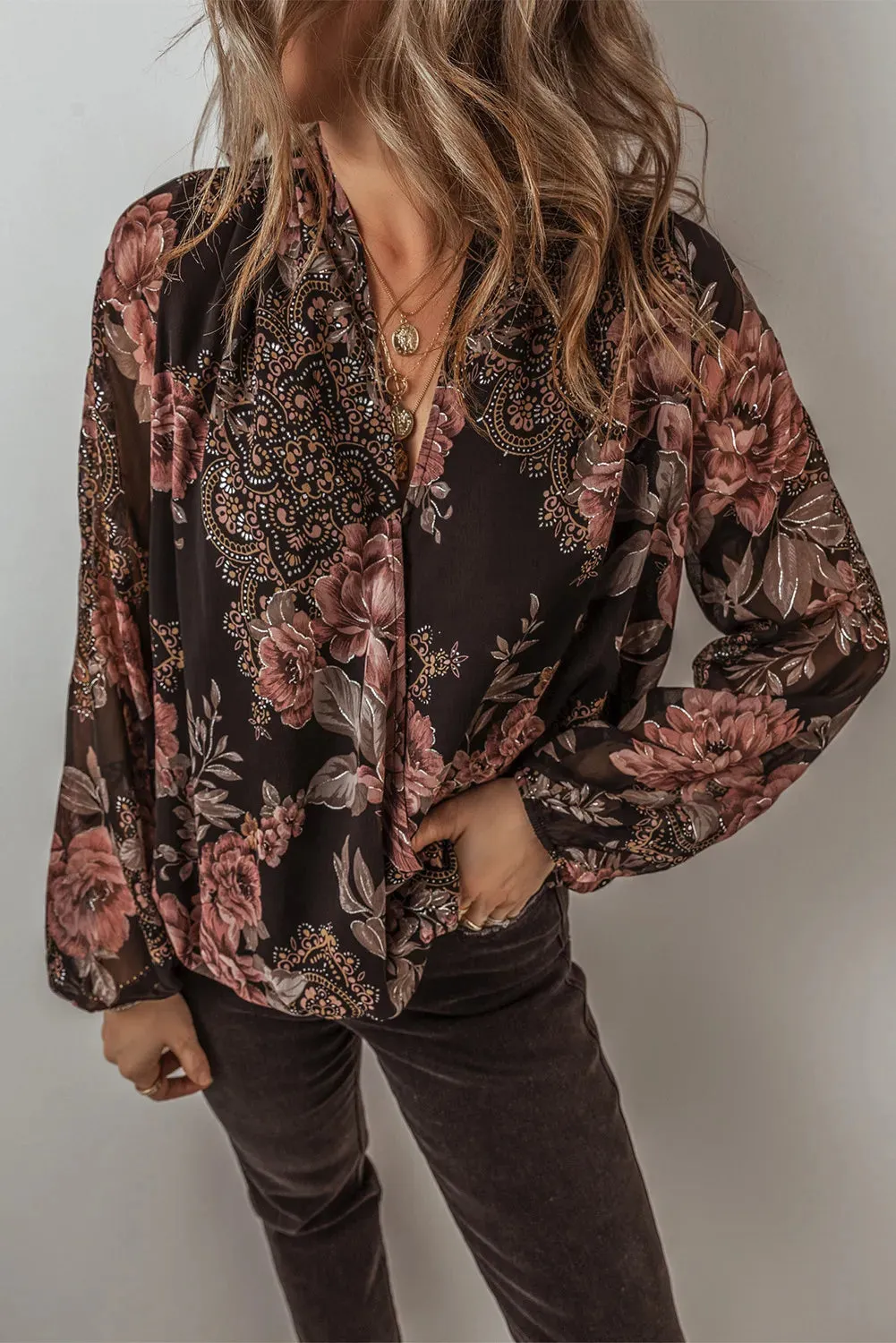 Blakely Printed Surplice Long Sleeve Blouse