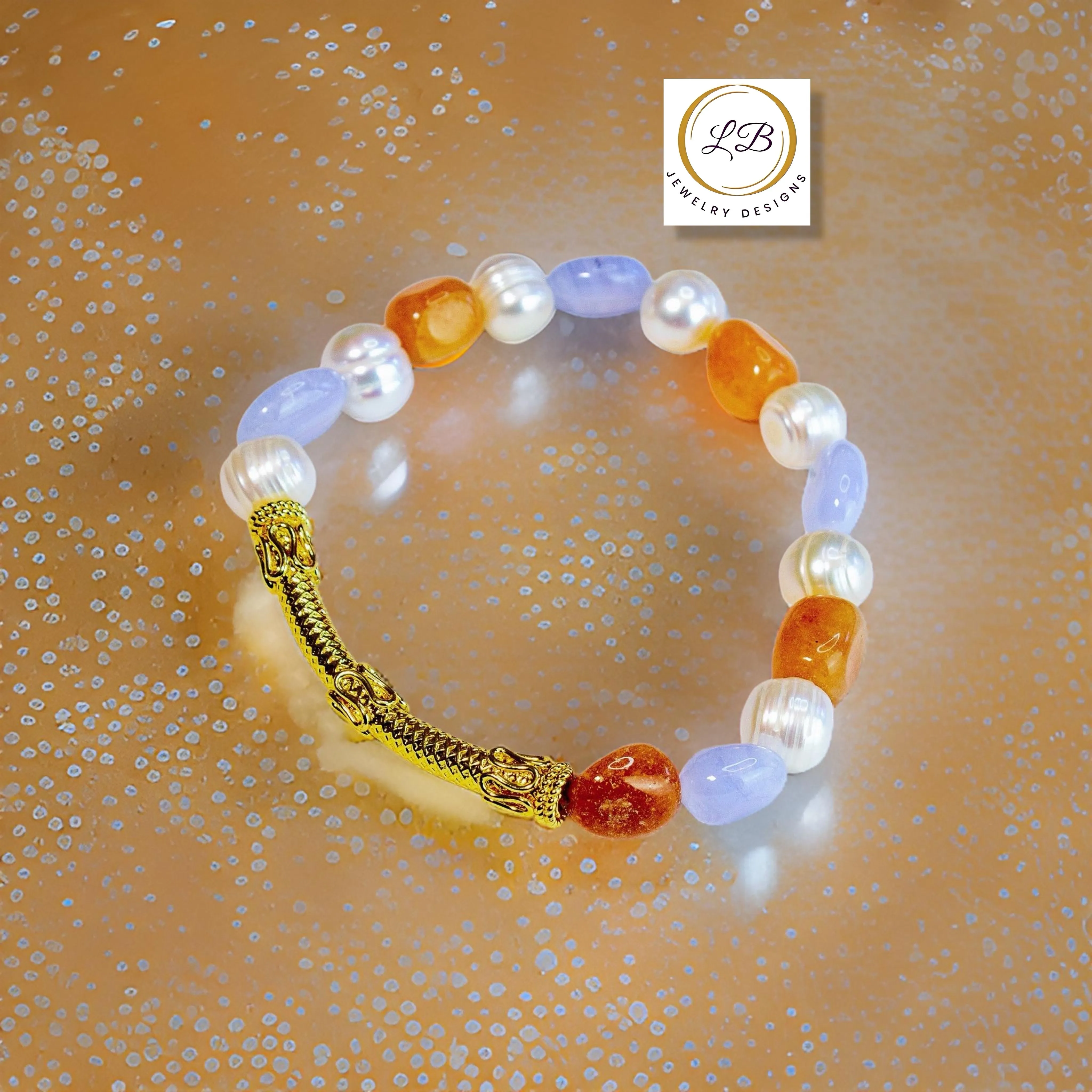 Blue Lace, Pearl & Carnelian Gemstone Beaded Bracelet with Bali Tube Accent Bead