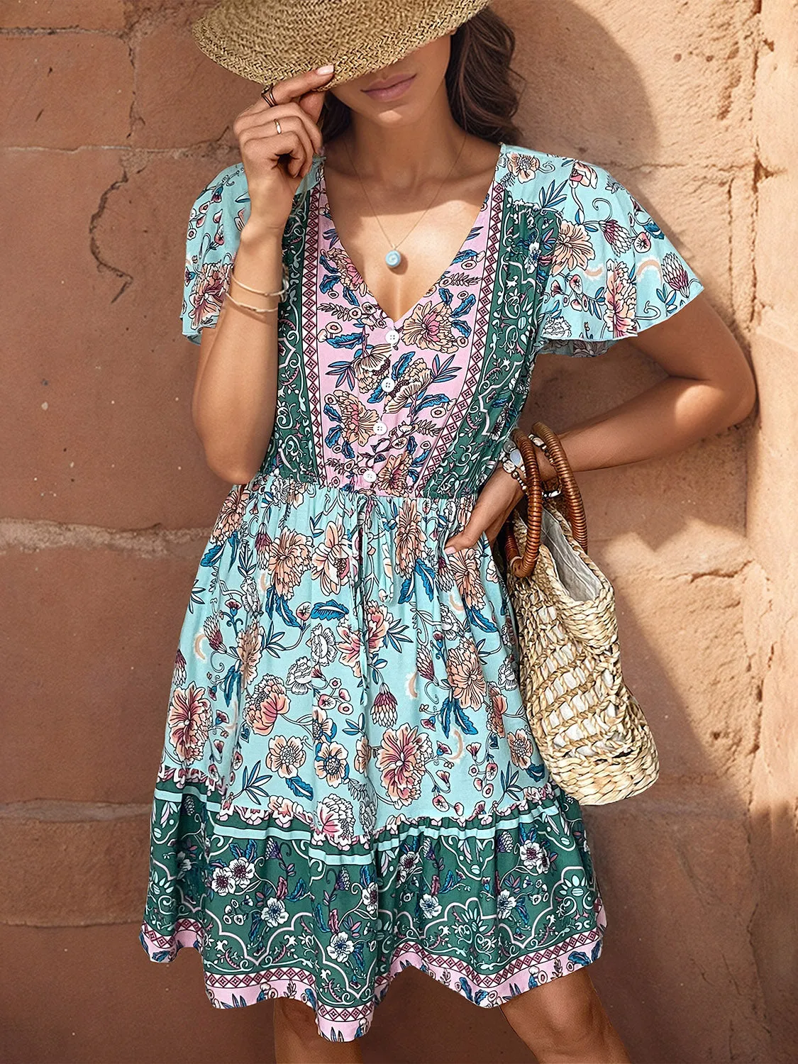 Brandy Printed V-Neck Flutter Sleeve Dress
