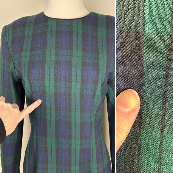 Brooks Brothers Vintage Wool Button Back Midi Dress Sz 4 Blue Green Tartan Plaid