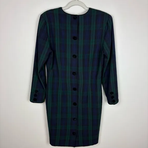 Brooks Brothers Vintage Wool Button Back Midi Dress Sz 4 Blue Green Tartan Plaid