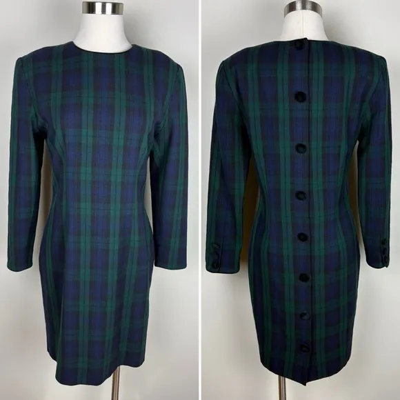 Brooks Brothers Vintage Wool Button Back Midi Dress Sz 4 Blue Green Tartan Plaid