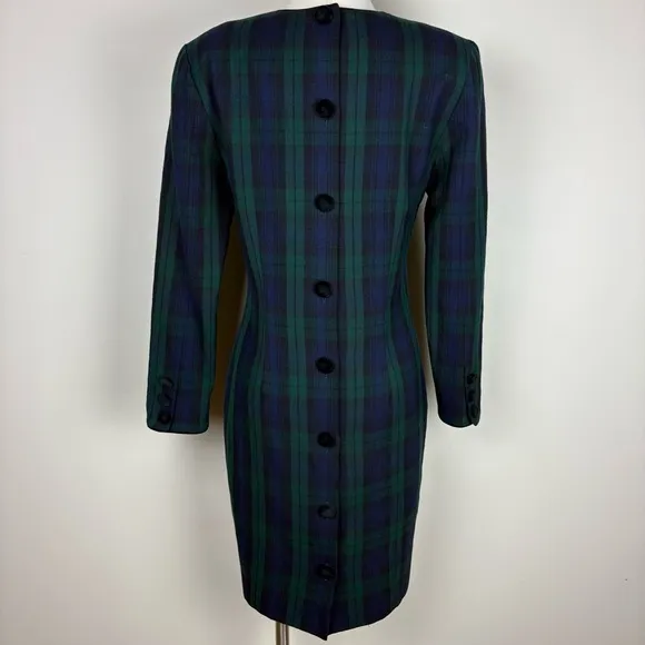 Brooks Brothers Vintage Wool Button Back Midi Dress Sz 4 Blue Green Tartan Plaid