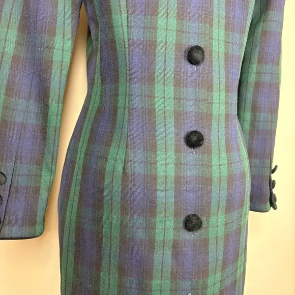 Brooks Brothers Vintage Wool Button Back Midi Dress Sz 4 Blue Green Tartan Plaid