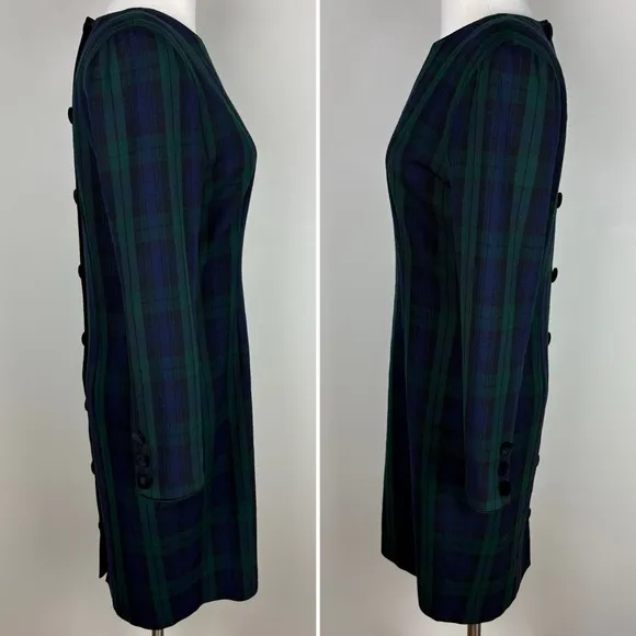 Brooks Brothers Vintage Wool Button Back Midi Dress Sz 4 Blue Green Tartan Plaid