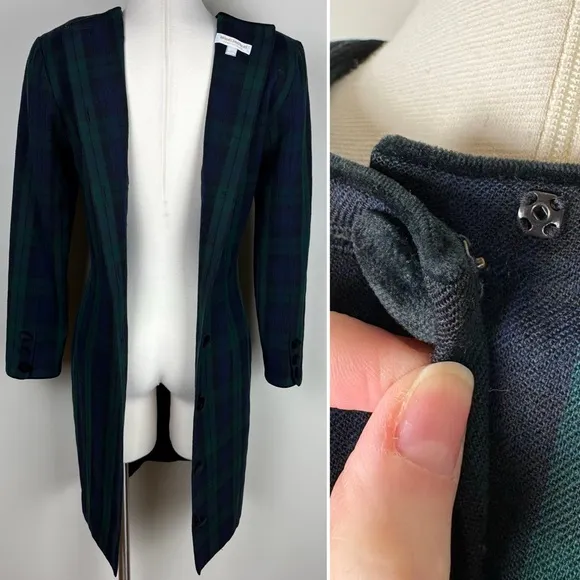Brooks Brothers Vintage Wool Button Back Midi Dress Sz 4 Blue Green Tartan Plaid