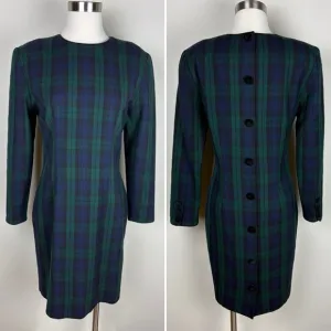 Brooks Brothers Vintage Wool Button Back Midi Dress Sz 4 Blue Green Tartan Plaid
