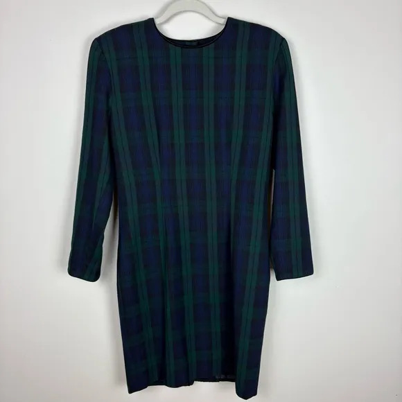 Brooks Brothers Vintage Wool Button Back Midi Dress Sz 4 Blue Green Tartan Plaid