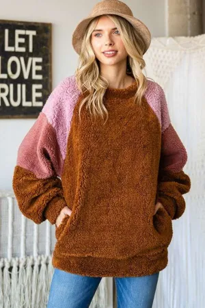 Brown Color Block Faux Fur Raglan Sleeve Sweatshirt