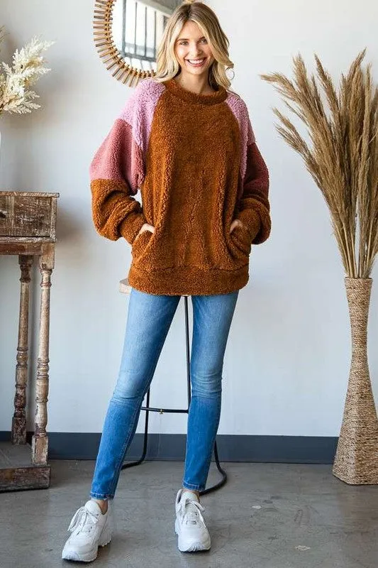 Brown Color Block Faux Fur Raglan Sleeve Sweatshirt