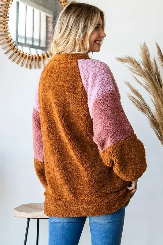 Brown Color Block Faux Fur Raglan Sleeve Sweatshirt