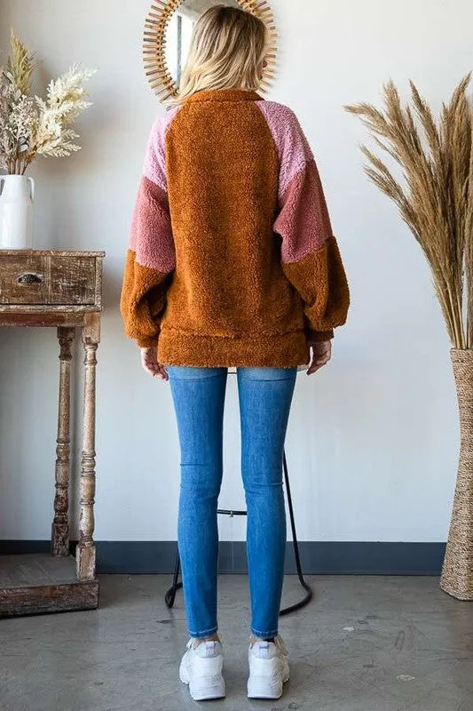 Brown Color Block Faux Fur Raglan Sleeve Sweatshirt