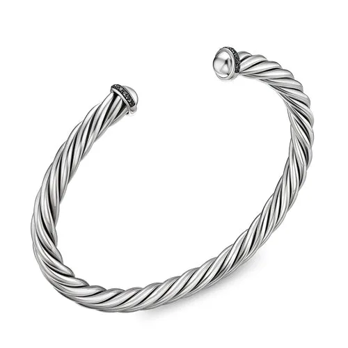 Cable Cuff Bracelet in Sterling Silver with Pavé Black Diamonds, 6mm, Size Medium