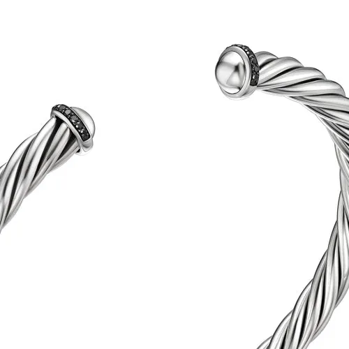 Cable Cuff Bracelet in Sterling Silver with Pavé Black Diamonds, 6mm, Size Medium