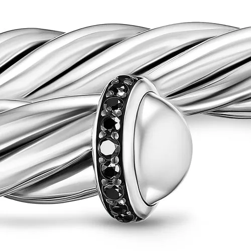 Cable Cuff Bracelet in Sterling Silver with Pavé Black Diamonds, 6mm, Size Medium