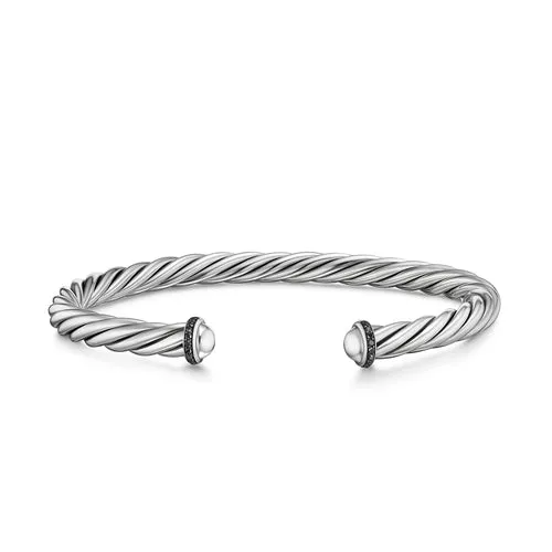Cable Cuff Bracelet in Sterling Silver with Pavé Black Diamonds, 6mm, Size Medium
