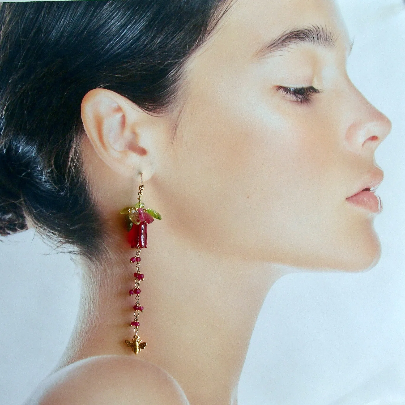 Carved Hot Pink Quartz Pink Sapphire Peridot Lemon Quartz Leaves Bee Flower Earrings - Veronica’s Garden II Earrings