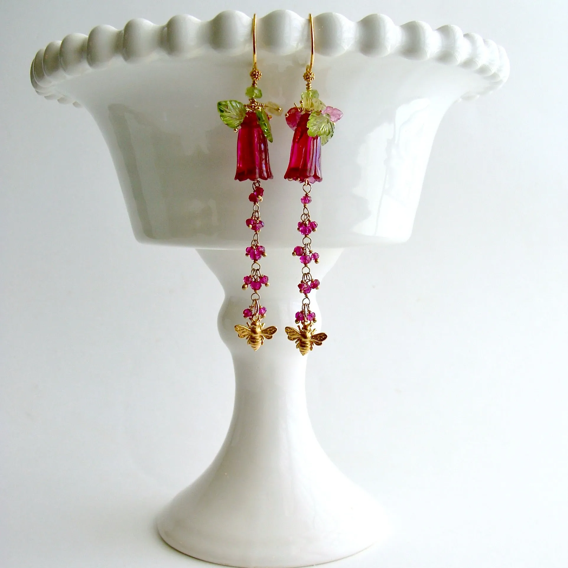 Carved Hot Pink Quartz Pink Sapphire Peridot Lemon Quartz Leaves Bee Flower Earrings - Veronica’s Garden II Earrings