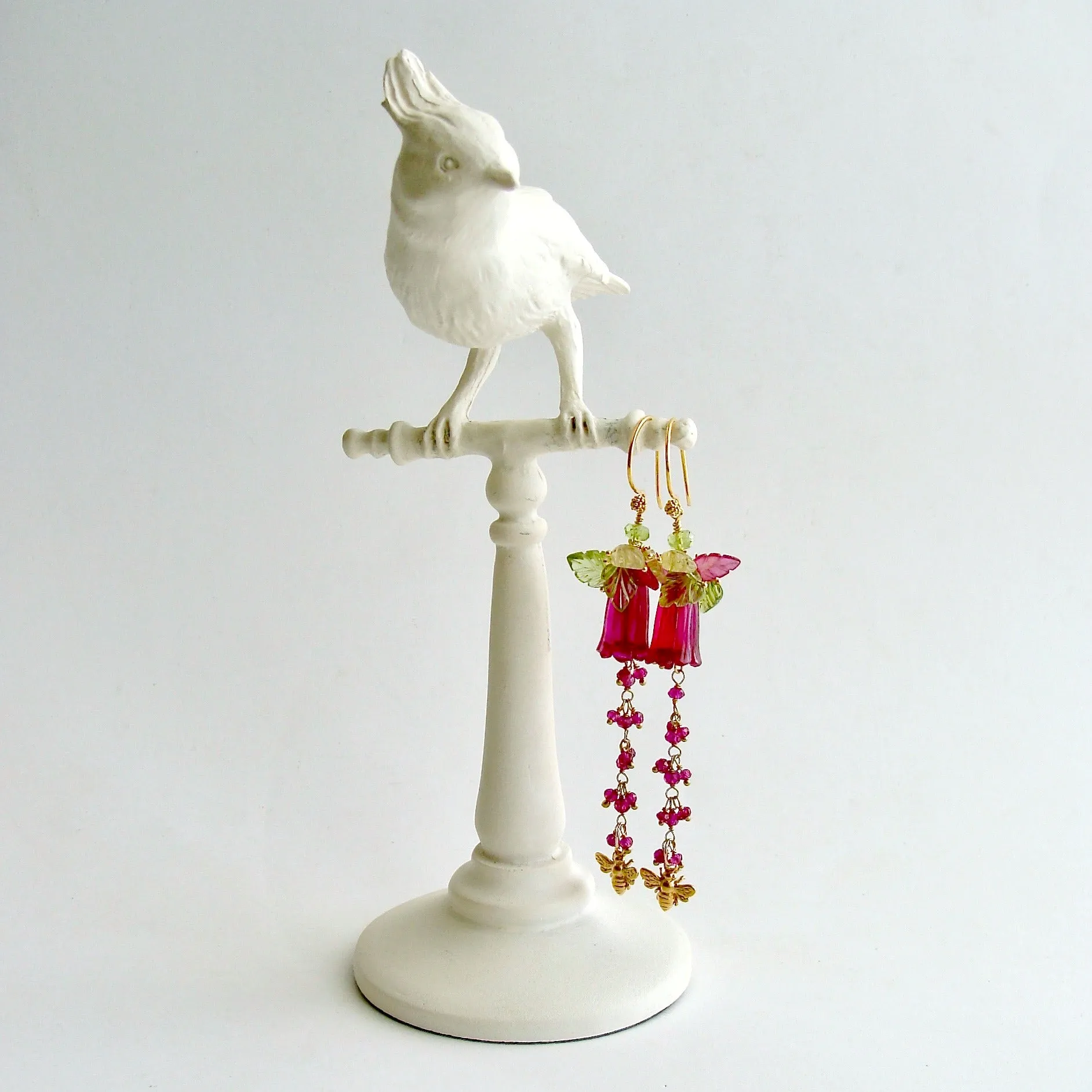 Carved Hot Pink Quartz Pink Sapphire Peridot Lemon Quartz Leaves Bee Flower Earrings - Veronica’s Garden II Earrings