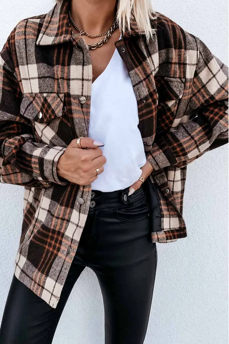 Casual Loose Retro Plaid Stitching Shirt Jacket