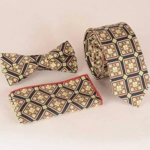 Casual Retro Plaid Pattern Tie Pocket Square Bow Tie - Brown