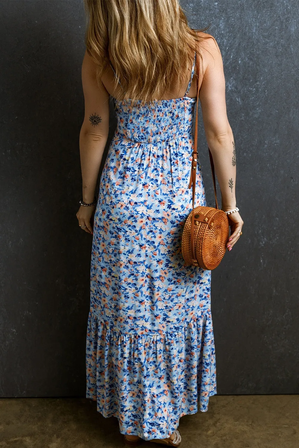 Christian Ruched Ruffle Hem Printed Cami Dress