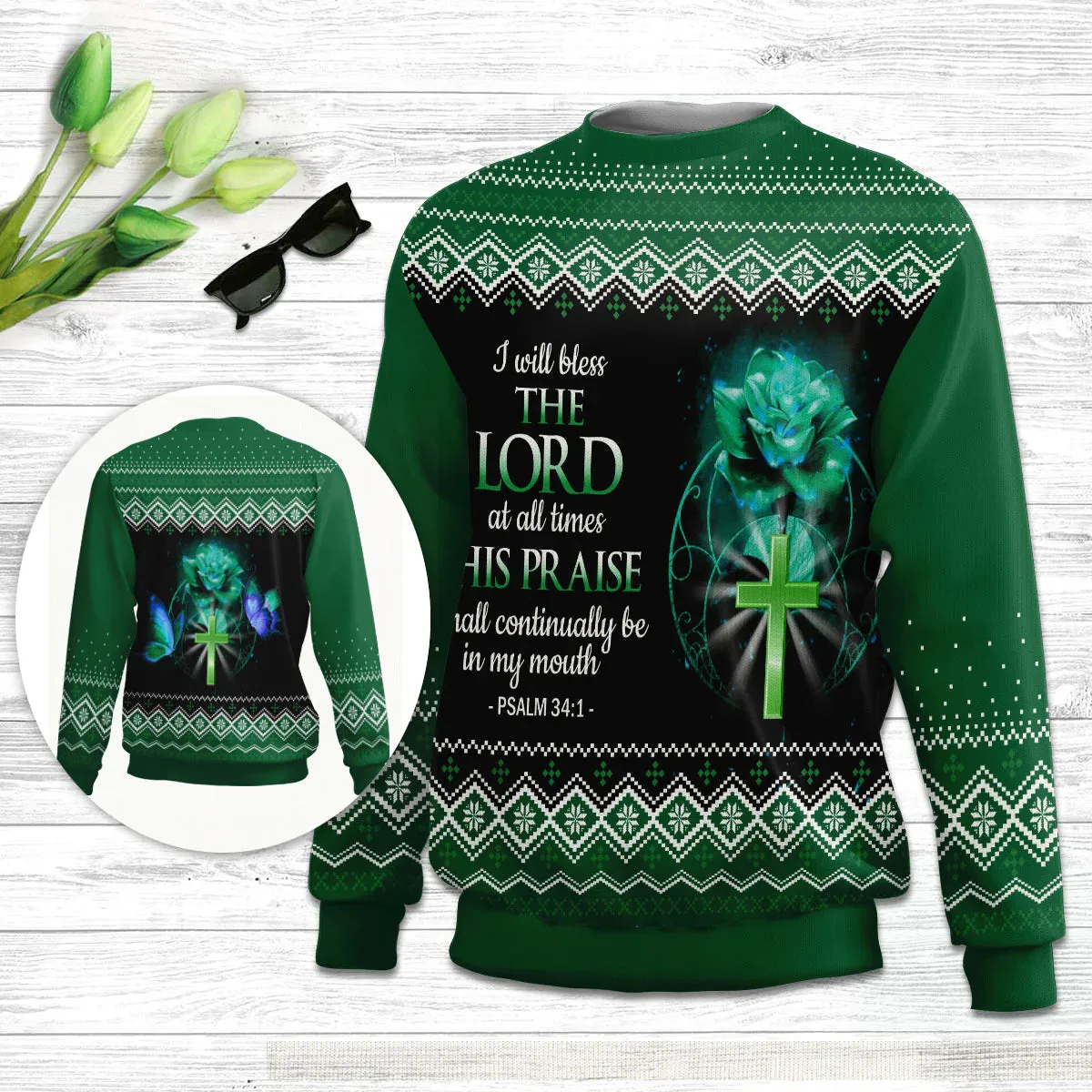 Christianartbag 3D Sweater, I Will Bless The Lord At All Times Psalm 34:1, Unisex Sweater, Christmas Gift.