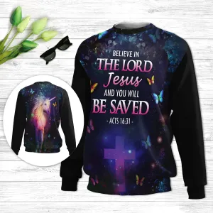 Christianartbag 3D Sweater,Believe In The Lord Jesus Unicorn & Cross  Butrerfly, Unisex Sweater, Christmas Gift.
