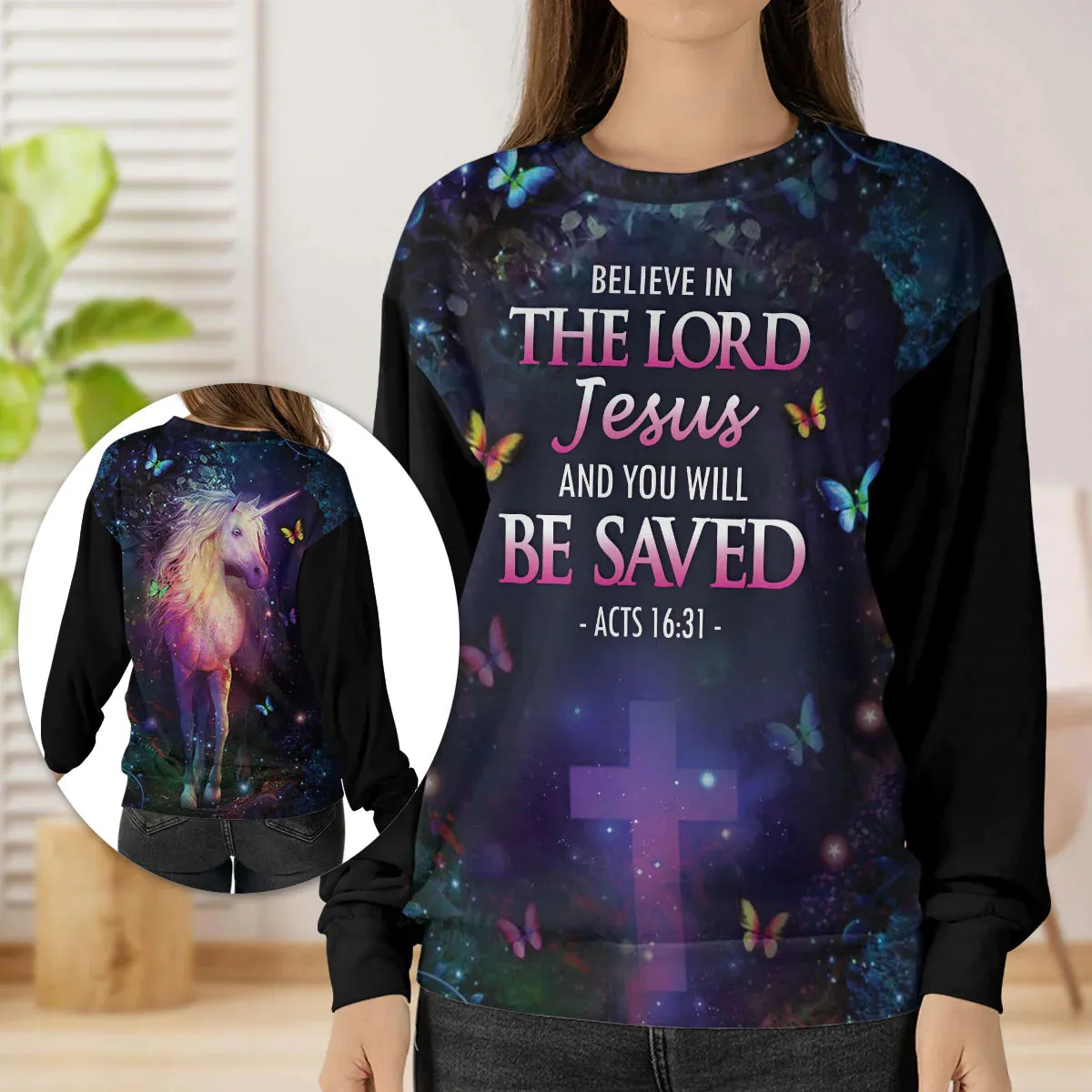 Christianartbag 3D Sweater,Believe In The Lord Jesus Unicorn & Cross  Butrerfly, Unisex Sweater, Christmas Gift.