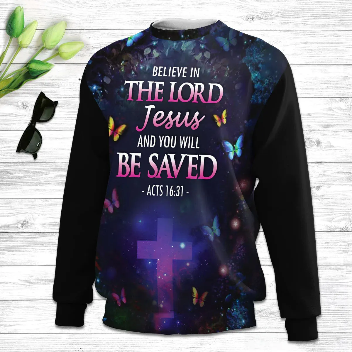 Christianartbag 3D Sweater,Believe In The Lord Jesus Unicorn & Cross  Butrerfly, Unisex Sweater, Christmas Gift.