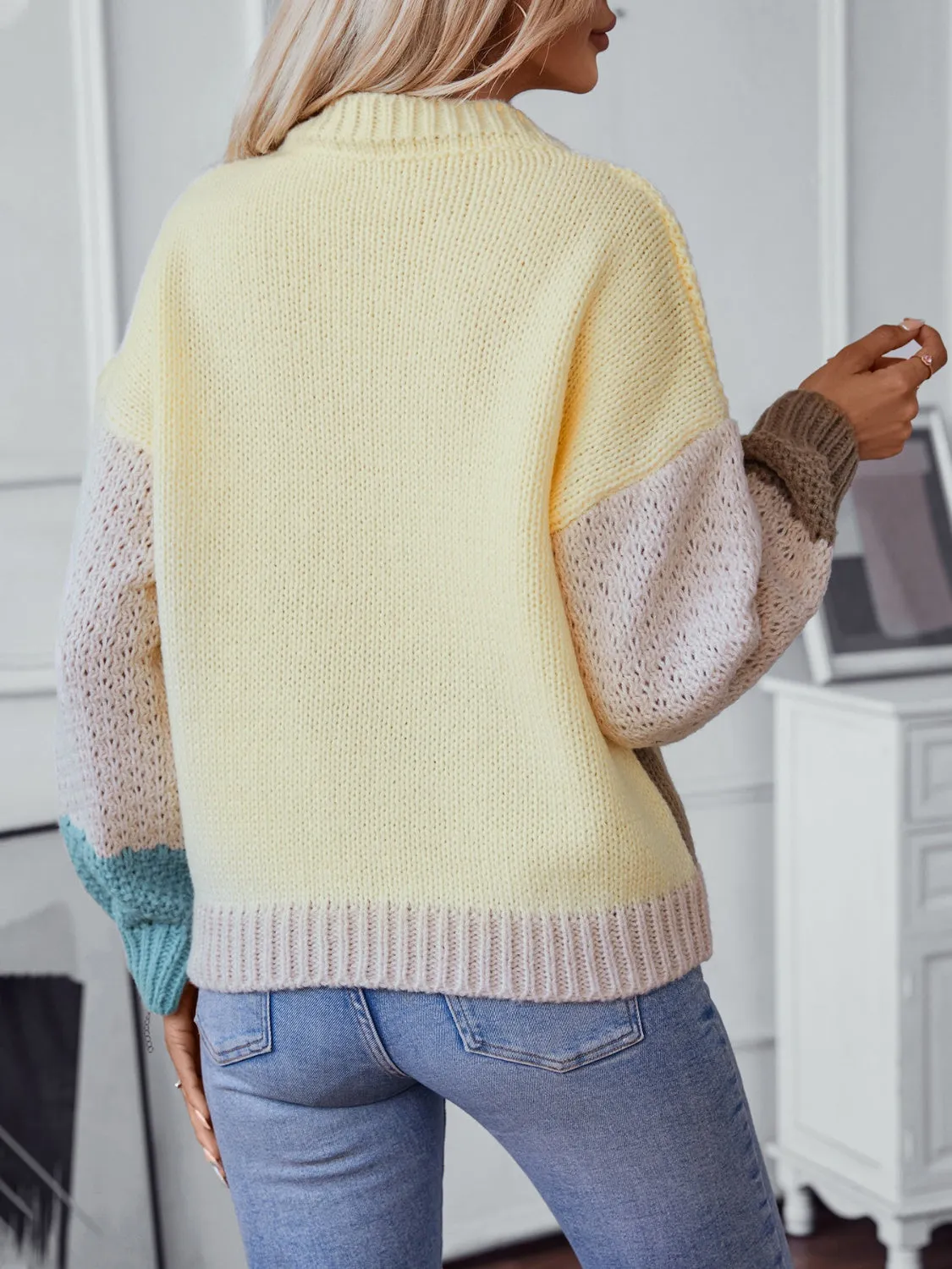 Color Block Round Neck Dropped Shoulder Sweater (2 Colors)