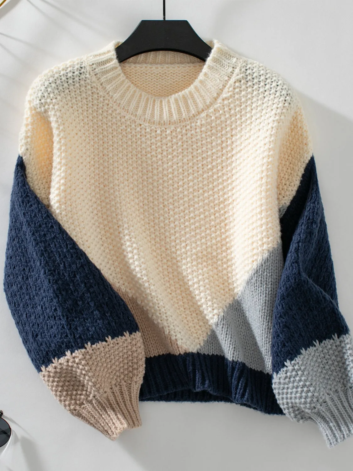 Color Block Round Neck Dropped Shoulder Sweater (2 Colors)