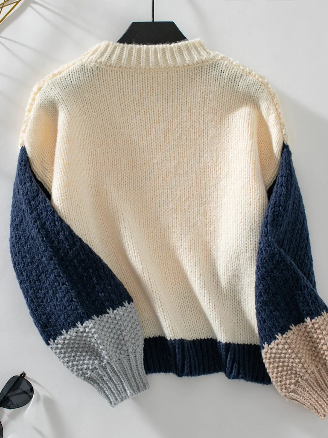 Color Block Round Neck Dropped Shoulder Sweater (2 Colors)